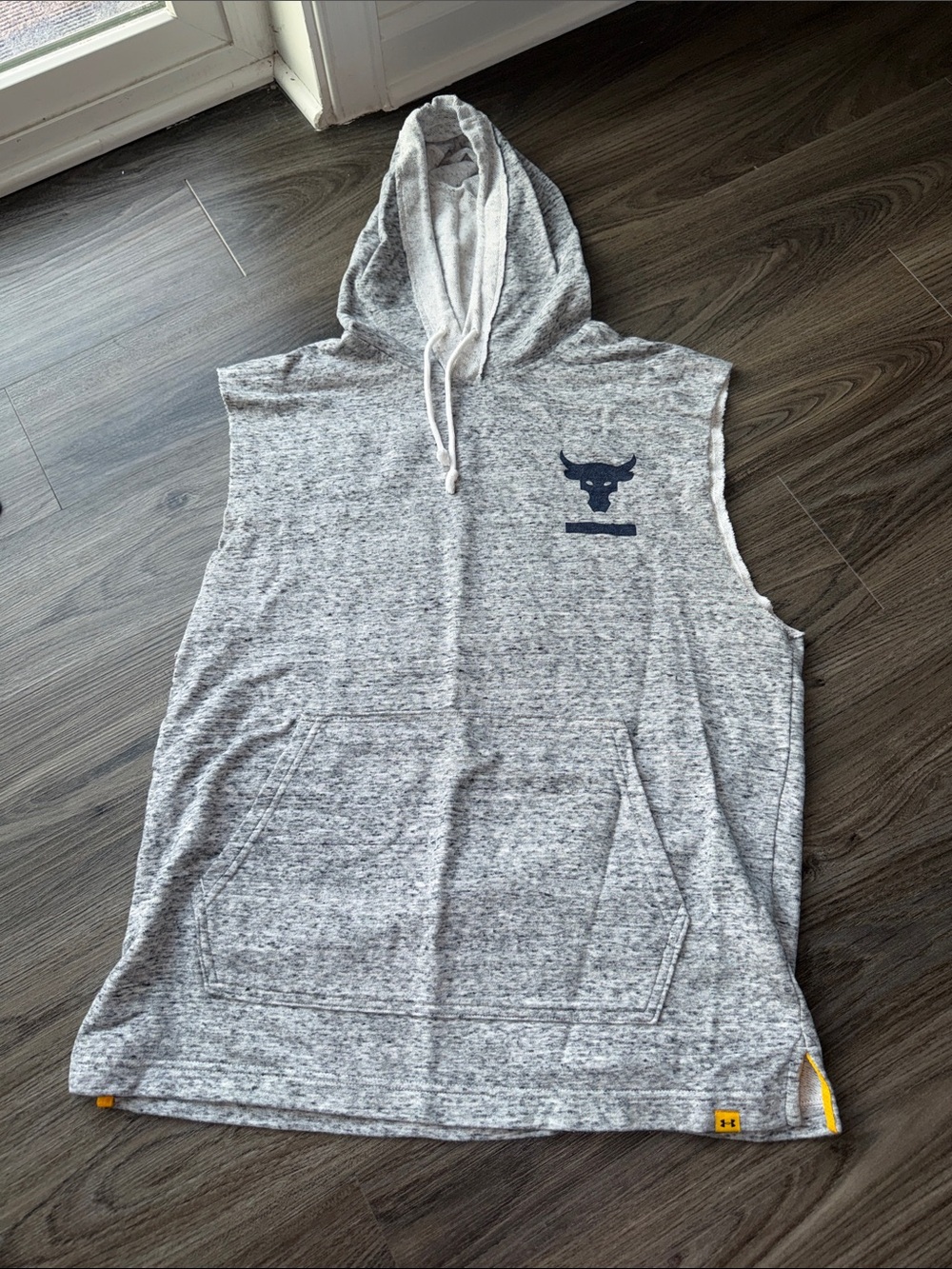 Under Armour Gray Sleeveless Hoodie with Navy Bull Logo